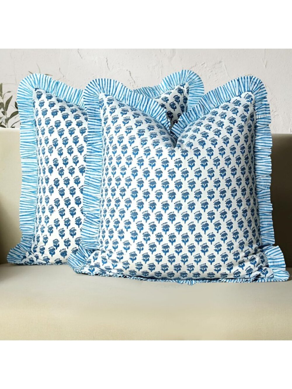 Set of 2 Ruffle Throw Pillow Covers - Apatite Blue Block Print, 20"x20
